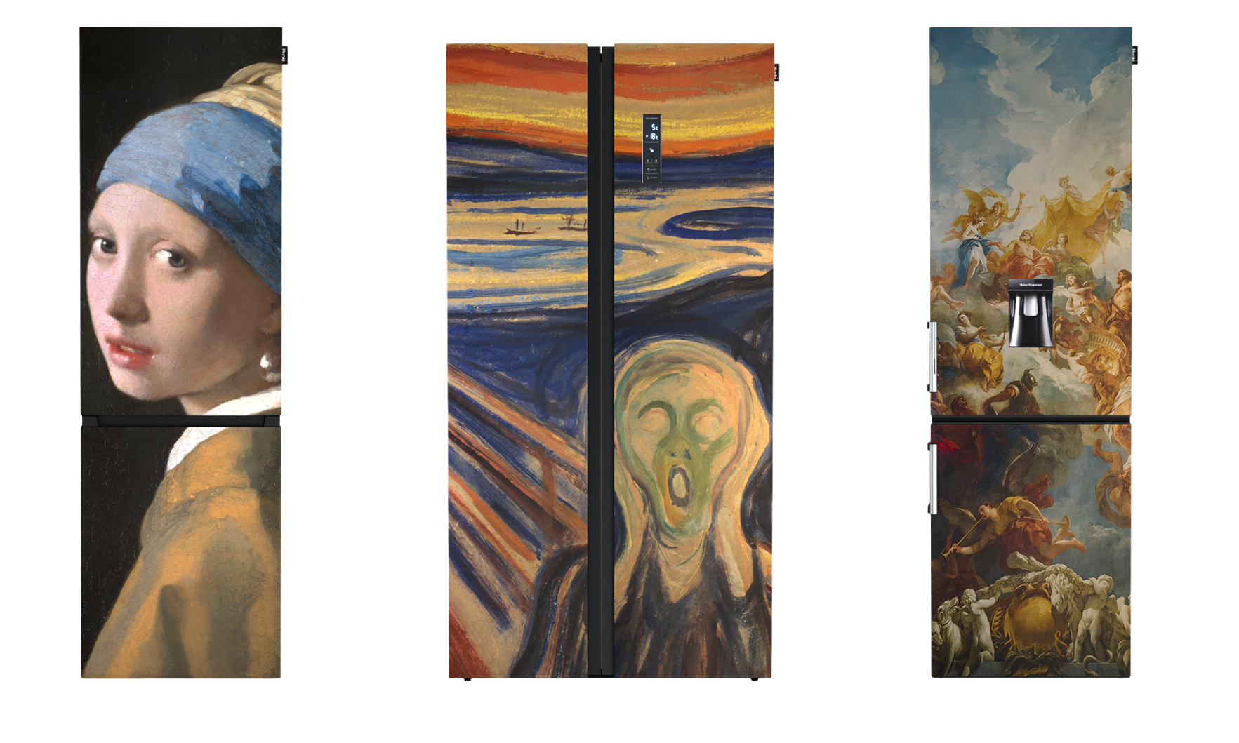 drie design koelkasten met kunstwerken: Meisje met de parel, De Schreeuw en een barok schilderij