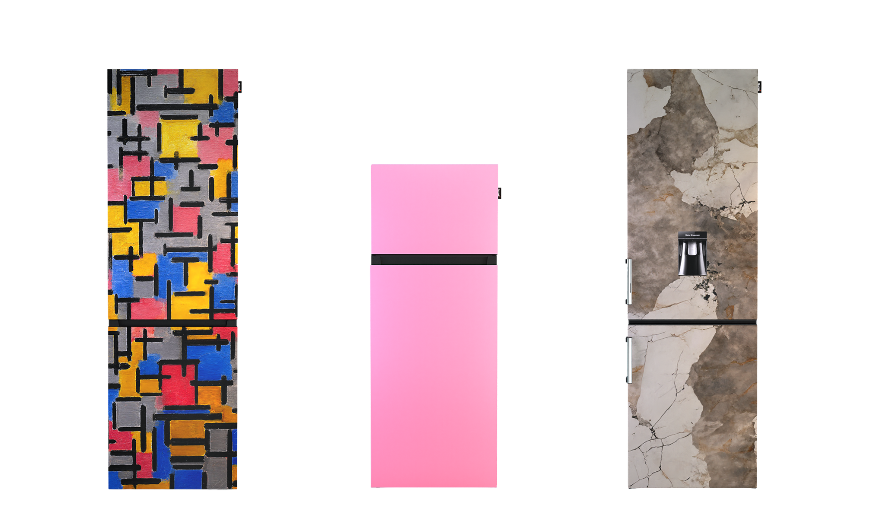 Drie design koelkasten: abstract patroon, roze kleur en marmerlook