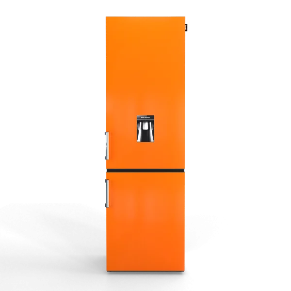 Glanzende Nunki koelkast met watertap in fel oranje