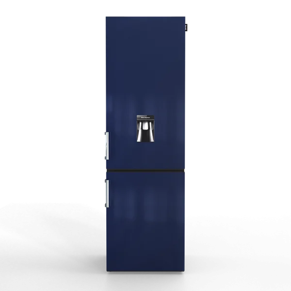 Glanzende Nunki koelkast met watertap in metallic magnetisch blauw