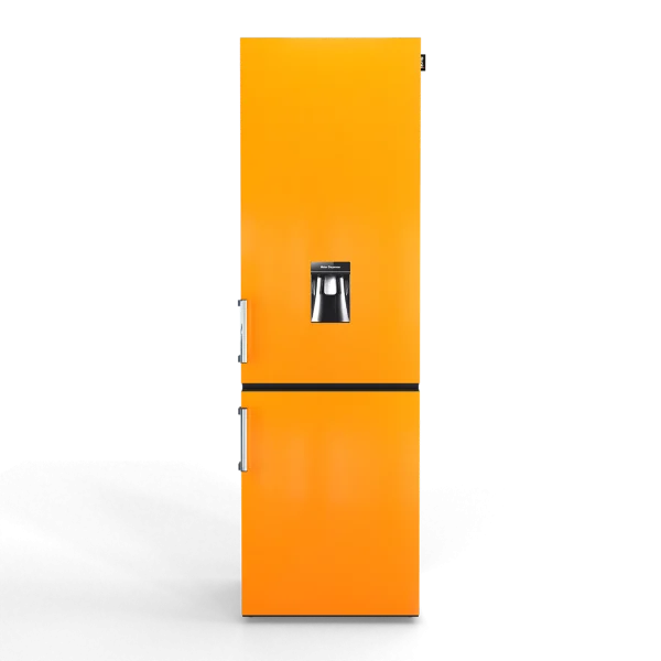 Glanzende Nunki koelkast met watertap in zonnebloem-oranje