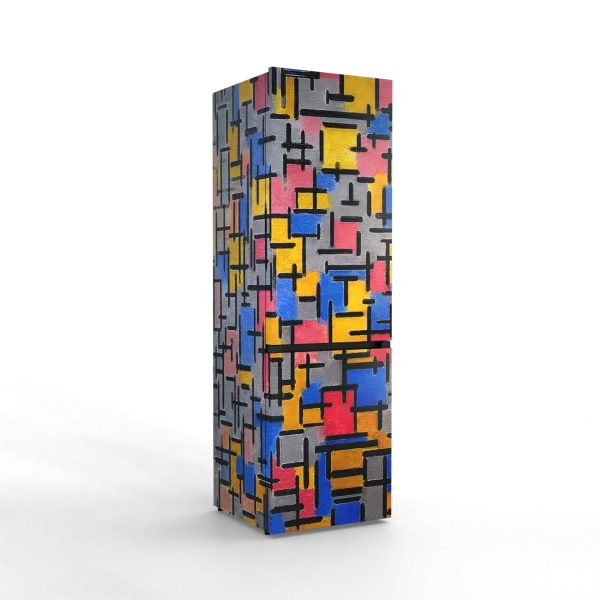 Nunki koelkast large – volledig satijn ‘Mondriaan’ – drie aanzichten met kleurrijk geometrisch kunstmotief