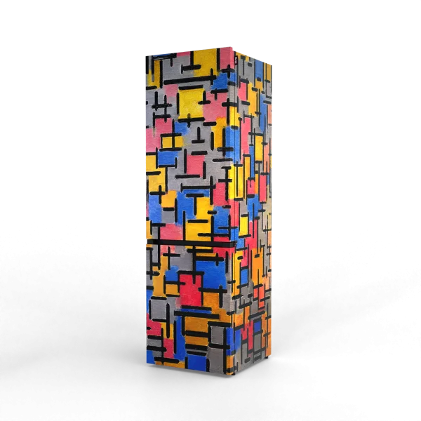 Nunki koelkast large – volledig satijn ‘Mondriaan’ – drie aanzichten met kleurrijk geometrisch kunstmotief